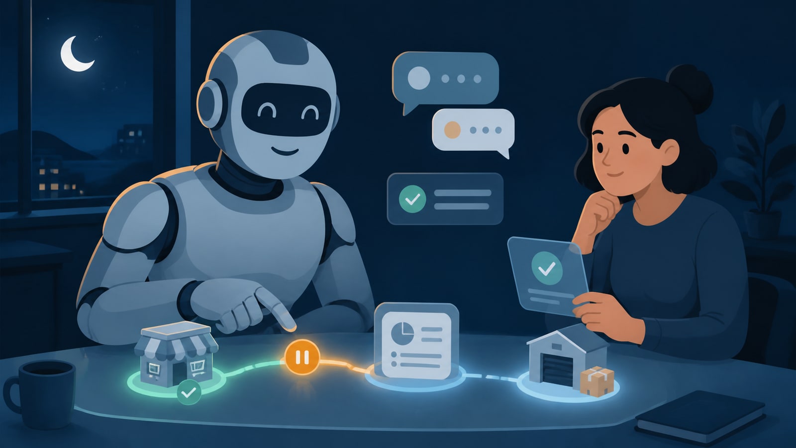 Kori investigates a paused connection between a shop, finance system and warehouse at night, while a human teammate reviews the next step.