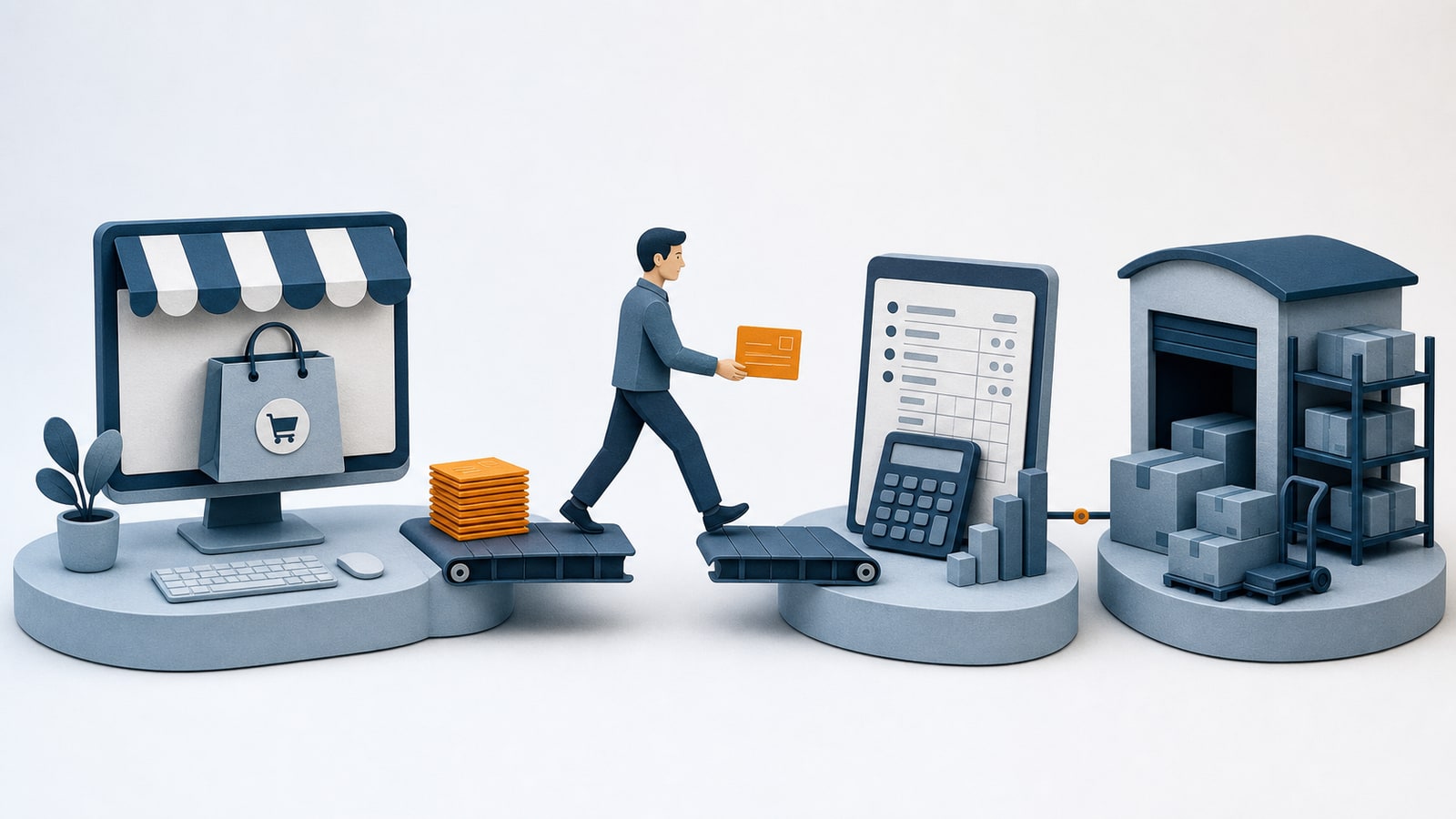 Illustration of a person carrying an order across a gap between an online shop and finance system, with a warehouse beyond