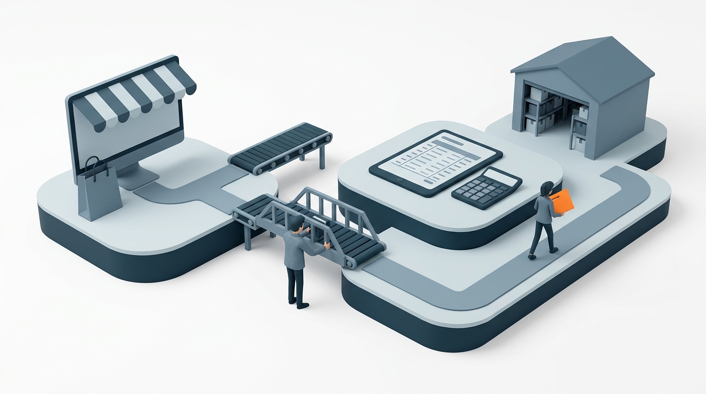 Illustration of an online shop, a finance system and a warehouse on separate platforms: one conveyor stops short of the gap, a person builds a bridge across it, and another carries an order along the path to the warehouse.